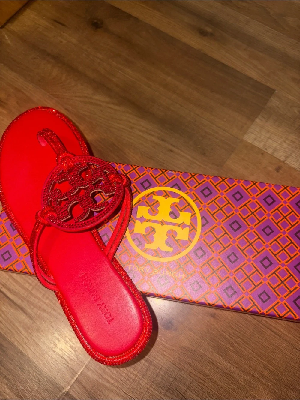Tory Burch Red Crystal-Embellished Logo Thong Sandal